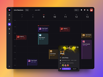 Live streaming platform - for Gamers 🎮 calendar character dark theme darkmode darkui dashboard game gaming live platform play product design rainbow schedule session stream uiux uiuxdesign website