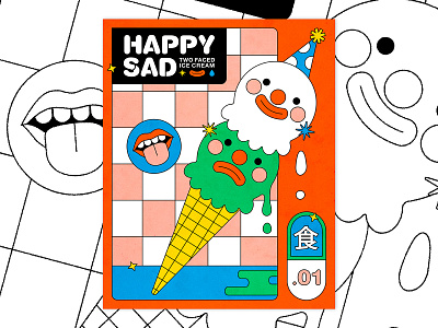 Happy Sad Ice Cream anime branding cartoon character design clown colorful cute design flat graphic design ice cream ice cream parlor icon design iconography illustration illustrator poster design print design texture vector