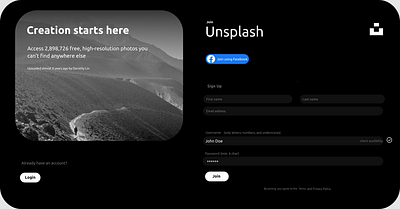 Unsplash dark Sign up redesign #2 branding design illustration typography ui ux