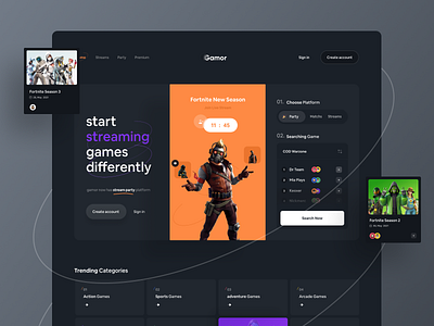 Gamor Streaming Platform 🎮 | Hero Header app app ui application clean dark fortnite header hero landing landing page live minimal mockup platform stream ui ux web website