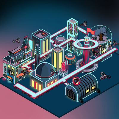 Isometric City-Game Design design digitalart game gamedesign illustration isometric lights night poster scifi