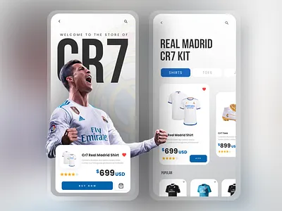 CR7 REAL MADRID STORE APP adobexd behance clean cr7 design dribbble figma freelancedesigners graphicdesigners mobile app design realmadrid ronaldo sajon soccerapp ui ui animation uidesign uidesigners uiux user interface design