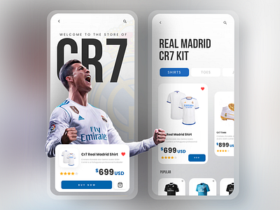 CR7 REAL MADRID STORE APP adobexd behance clean cr7 design dribbble figma freelancedesigners graphicdesigners mobile app design realmadrid ronaldo sajon soccerapp ui ui animation uidesign uidesigners uiux user interface design