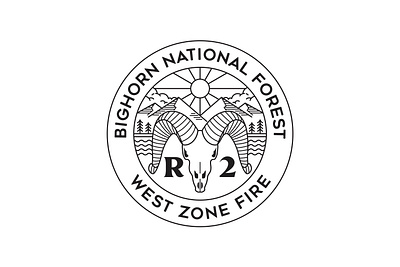 Bighorn National Forest - West Zone Fire adventure apparel badge black and white bone brand branding design gold head bone illustration landscape line logo monoline mountain nature river sun tree