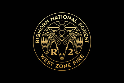 Bighorn National Forest - West Zone Fire adventure apparel badge bone brand branding design gold graphic design horn illustration lake landscape line logo monoline mountain nature river tree