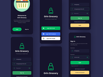 Dark Mode Sign in & Sign up Screen Grin Grocery App app groceries grocery app groceryonline grocerystore minimal mobile app ui green ui kit vegetable vegetableapp