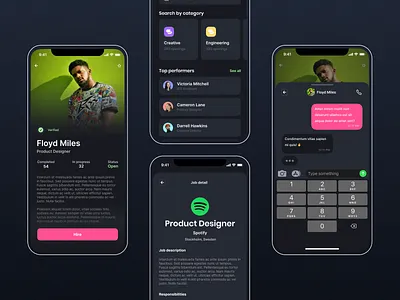 Job Platform Dark Mode ⚫️ app design colorful colourful dark dark mode database employment green hire jobs linkedin message pink product design profile recruitment search services spotify