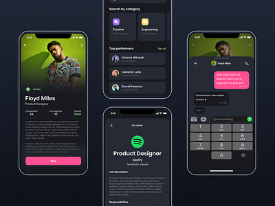 Job Platform Dark Mode ⚫️ app design colorful colourful dark dark mode database employment green hire jobs linkedin message pink product design profile recruitment search services spotify