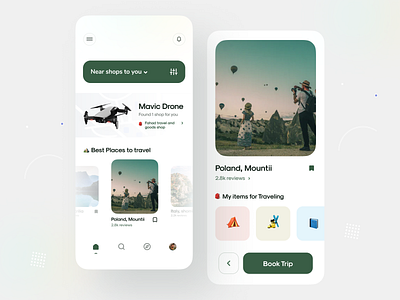 Shop and Travel ⛺️ app branding cards clean clean design concept design illustration minimal mobile app mountain products shop shopping travel travel app ui uiux