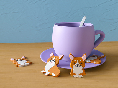 3D Cup and cookies 3d 3dmax blender coo cookies corgi cup welsh corgi