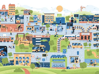 City Busy Picture: Socially fair mobility turnaround busy picture city flat design illustration mobility town vector vector illustration wimmelbild