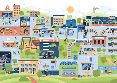 City Busy Picture: Socially fair mobility turnaround busy picture city flat design illustration mobility town vector vector illustration wimmelbild