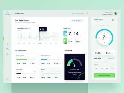 Sleep tracker dashboard π animation card chart clean dashboard data design desktop green icon illustration landing pie chart round saas sleep time tracker ui website