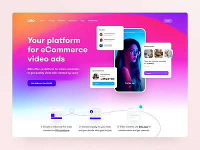 Billo - Hero Concept V2 animated bold colors gradient hero landing page saas identity saas landing ui design uiux ux video creator video marketplace video saas web design