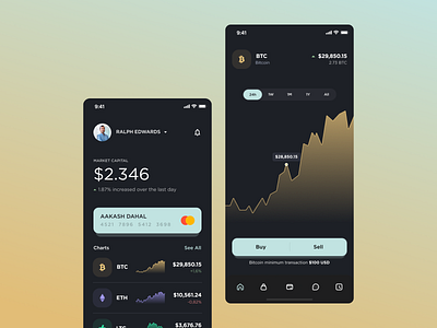 Crypto Wallet app bitcoin crypto crypto wallet cryptocurrency dark app dark mode dark theme design ethereum finance fintech app minimal mobile statistic ui ui ux voit team wallet web