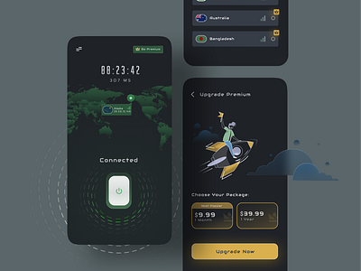 VPN App UI animation branding dark theme design illustration logo minimal typography ui ux vector vpn vpn app