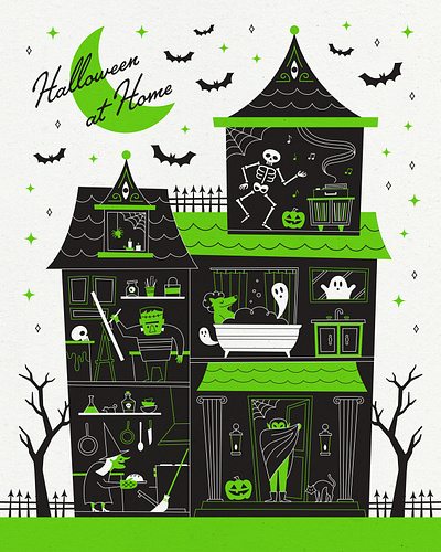 Detail Shot: Halloween at Home 2020 bats covid frankenstein halloween halloween 2020 haunted house home illustration mansion monster monsters poster quarantine skeleton spooky vampire witch