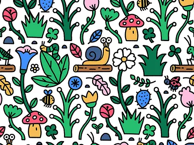 Nature pattern animal character cricket flower illustration insect leaves mushroom nature