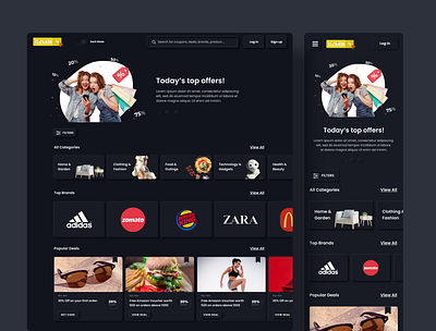 Soft UI in Dark Mode for a Coupon Website black website coupons dark mode ecommerce neumorphism offers sale shopping soft ui trendy ui ui design ux design website