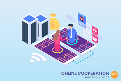 Isometric Online Cooperation Concept 3d 3d animation 3d art 3d character 3d illustration app banner banners concept conceptual illustration isometric isometric design landing landing page process strategy technology web banner website