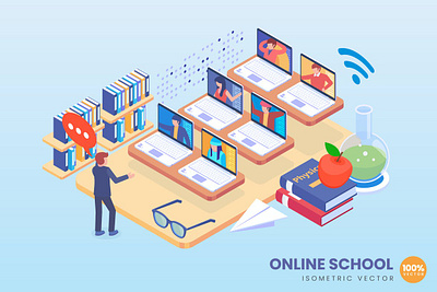 Isometric Online School Concept 3d 3d animation 3d art 3d character 3d illustration banner banners concept flat isometric isometric design landing landing page process strategy technology web web banner website website banner