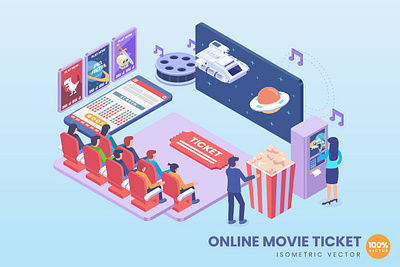 Isometric Online Movie Ticket Concept 3d 3d animation 3d art 3d character 3d illustration app banner banners conceptual illustration isometric isometric design landing page page process strategy technology web web banner website