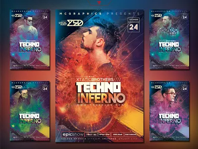 DJ TECHNO INFERNO PHOTOSHOP FLYER/POSTER TEMPLATE branding cyberpunk design dj edm electro fire futuristic garage graphicdesign inferno music event photoshop template techno trance trap youtube banner