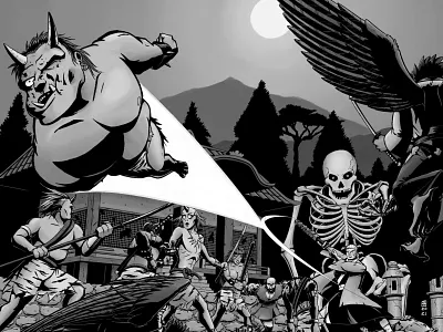 Yokai fight...? Yokai fight! 2d black and white cartoon illustration character design comic art drawing illustration