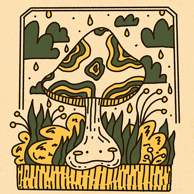 he's a fun•guy character clouds cute dope forrest fungi green hand drawn happy illustration ipad pro kawaii mushroom nature procreate rain retro shroom trippy yellow