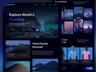 Nggunung - Mountain Travel Website adventure black blue book booking clean dark dark mode design destination gradient hero section modern mount mountain pictorial travel ui web website