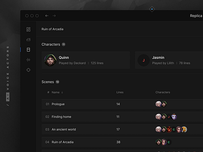 Project overview—AI Voice Actors actor ai app button card characters dark desktop icon minimal project replica studios rows table tech ui voice