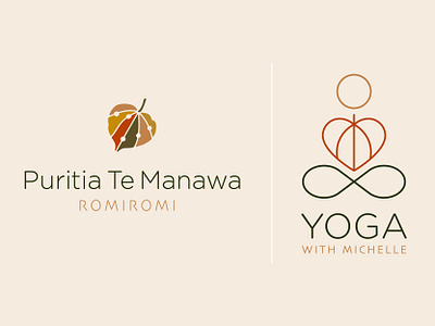 yoga & Romiromi sister logos branding design earth colours graphic design icon illustrator leaf icons line icons line logo muted colour brand spiritual logo vector wellbeing brand wellness logo yoga logo