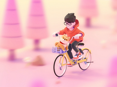 Bicycling in the dream 3d animation bike branding c4d characters cinema4d design forest gif illustration logo low poly motion graphics pink speed tree ui