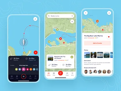 Sailing App app application badge blue boat clean colors design green icons light location map minimal mobile sailing ui ux white wind