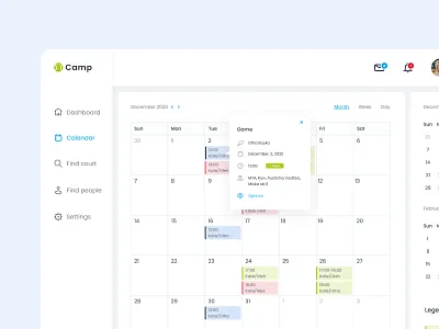 Tennis bookings & statistics in details calendar design design product design service design tennis service design ui design ux design