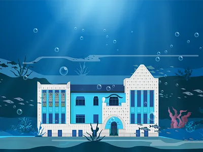 Art nouveau building underwater. jugendstil secession