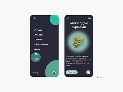 "GREENY" App Concept UI *DARKMODE* Screens #3,4 android app concept app design darkmode design ios marijuana mobile mobile app design mobile design uiux ux weed weed app