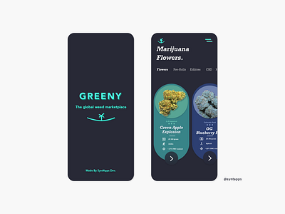 "GREENY" App Concept UI, *DARK MODE* Screens #1,2 adobexd app app concept app design design eccom eccommerce mobile mobile design mobileui weed weed app