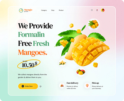 Fresh Mangoes E-commerce Web UI Exploration - Hero Section. abstract agency background business creative delivery food design e commerce food landing page elegant modern food web template flat fresh food illustration juice fruit juicy food mangoes mangoes website rifatbinjahanara.com ui