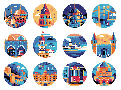 Istanbul Travel Icons blue mosque flat design hagia sophia icons iconset illustration istanbul landmarks logo symbols tourist travel turkey turkish