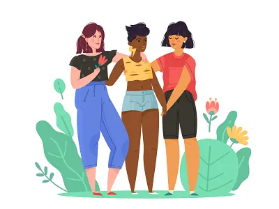 Girls friends body positive cartoon female feminism girls hugs illustration people power sisters vector women