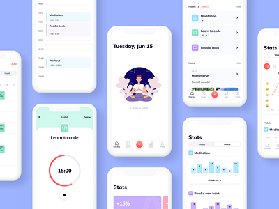 Habitlog - Mobile App app arounda graphs habit icons ios mobile app mood note pomadoro product design schedule statistic task time management timer tools ui ux