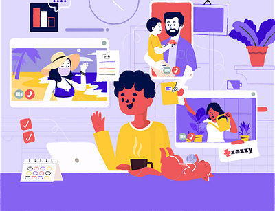 Love for a hybrid work model 3 colours brush stroke design graphic design illustraion office people relax stressfree team video call work work from home