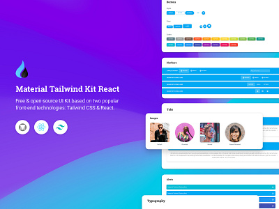 Material Tailwind Kit React blog card buttons card code design design system free freebie gradient landing login presentation profile react register responsive tailwind ux web design