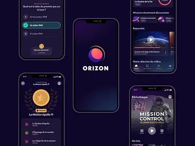 Orizon App app astronomy branding dark dark mode dark theme dcstart design flat gamification graphic design icon logo minimal mission ui ux web