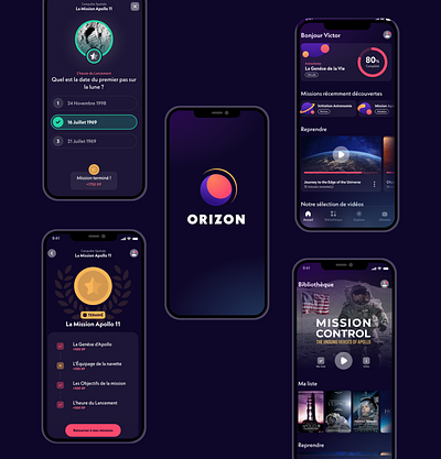 Orizon App app astronomy branding dark dark mode dark theme dcstart design flat gamification graphic design icon logo minimal mission ui ux web