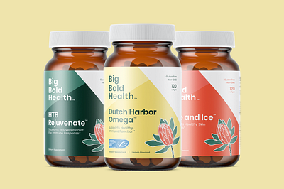 Big Bold Health Packaging branding design green health illustration packaging pink protea supplements vector wellness yellow