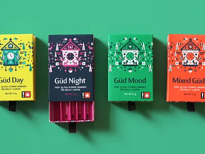Güd packaging box brand branding cannabis chicken clock color coding cuckoo clock cute design drawer farm goat illustration marijuana modern oregon packaging pattern rogue river