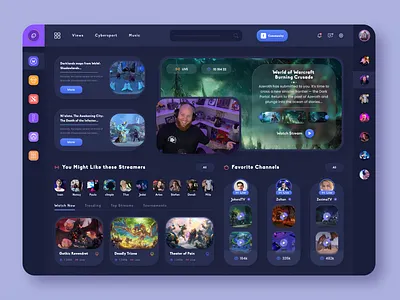 Stream dashboard blizzard dark theme discord figma fortnite game game app game design matches stream stream app stream dashboard streaming app tournaments twitch uiux web website wed design world of warcraft