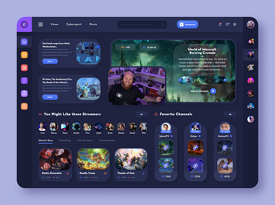 Stream dashboard blizzard dark theme discord figma fortnite game game app game design matches stream stream app stream dashboard streaming app tournaments twitch uiux web website wed design world of warcraft